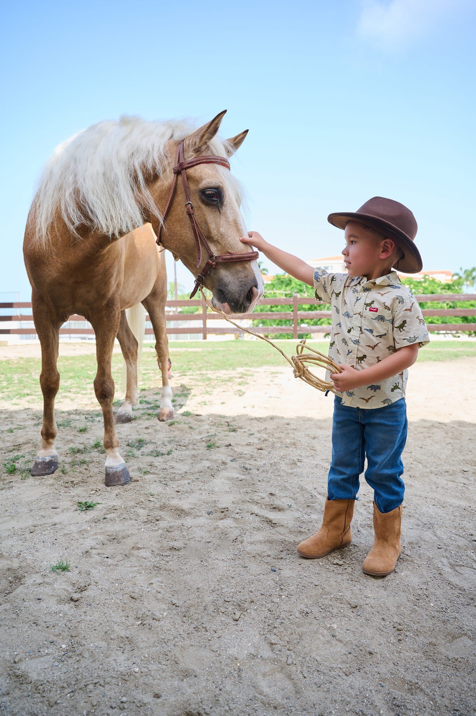 Niño con sombrero de vaquero acariciando a un caballo palomino